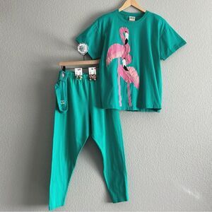 Vtg 5 Piece Set Sz XL Flamingos Outfit Short Sleeve Pull On Pants Earrings Socks